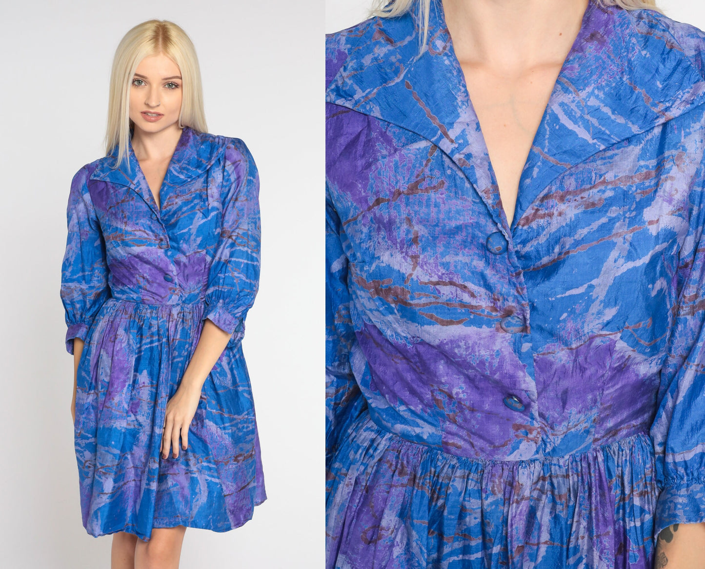 60s Blue Purple Silk Marble Mini Dress Collared Button-Up Shirtwaist Extra Small