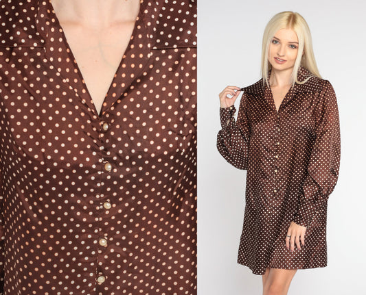 70s Brown Polka Dot Shift Dress Wing Collar Balloon Sleeve Mini Small S