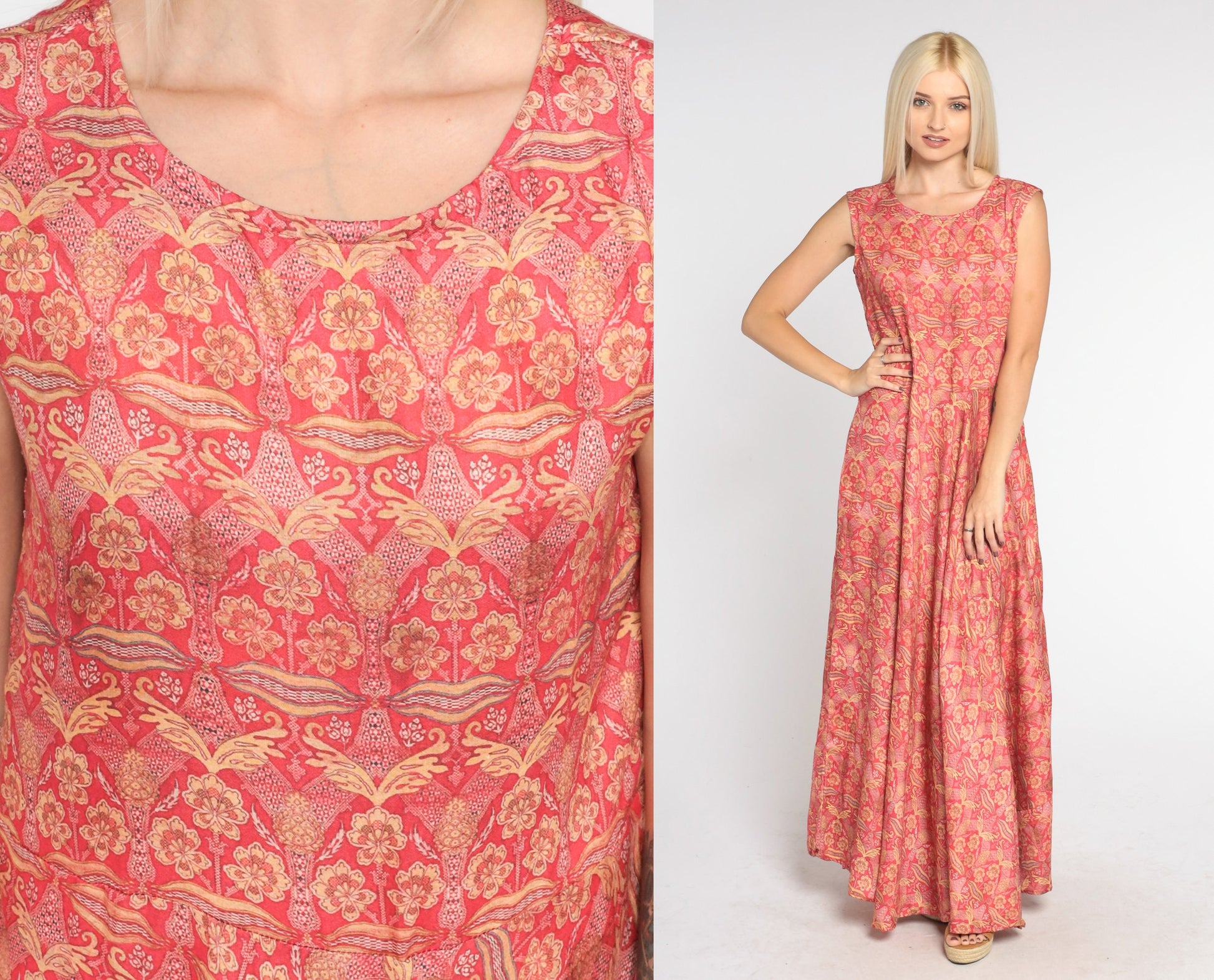 00s Red Gold Floral Maxi Dress Sleeveless High Waist Flared Skirt Medium