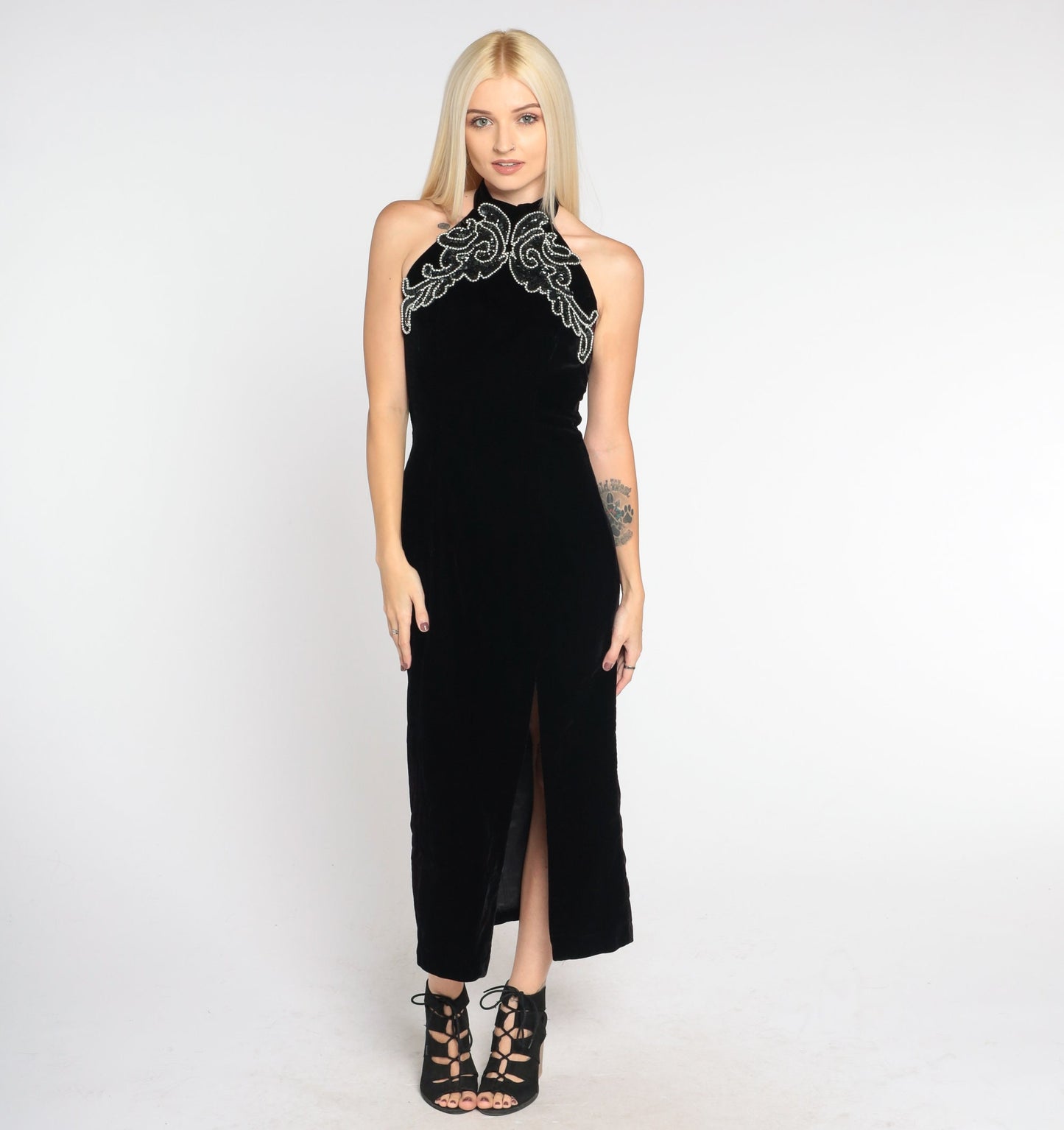 90s Black Velvet Midi Dress Beaded Halter Bodycon Open Back Extra Small