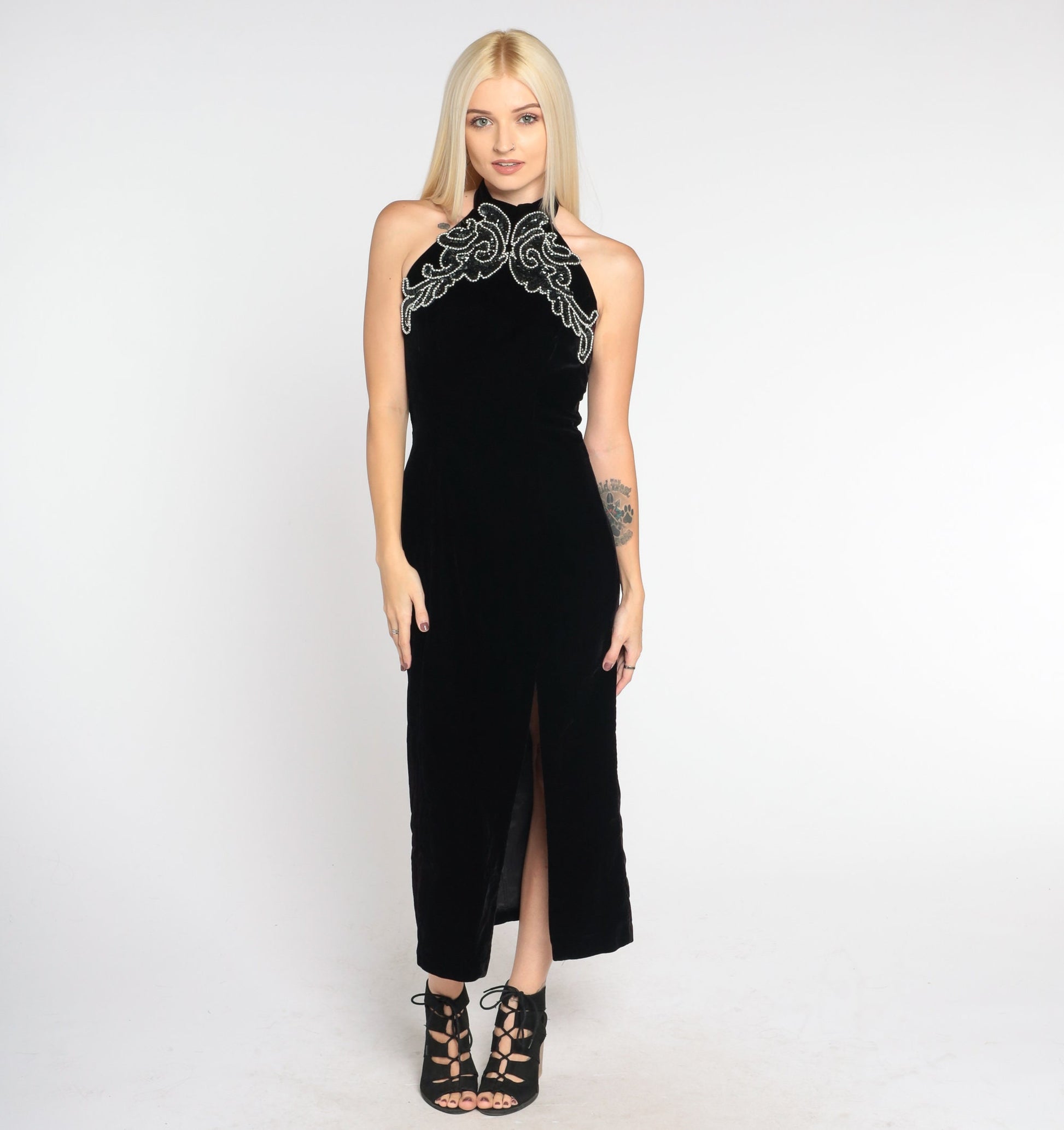 90s Black Velvet Midi Dress Beaded Halter Bodycon Open Back Extra Small