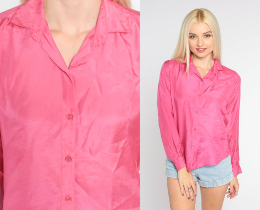 80s Pink Silk Button-Up Blouse Collared Long Sleeve Small