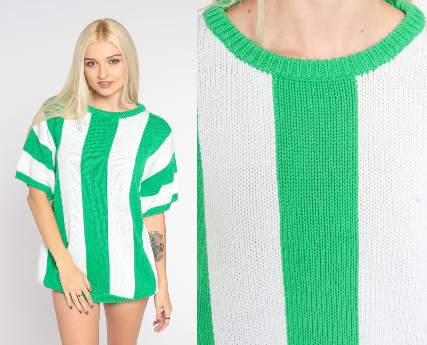 90s Liz Claiborne Striped Knit Sweater Top White Green Short Sleeve Small