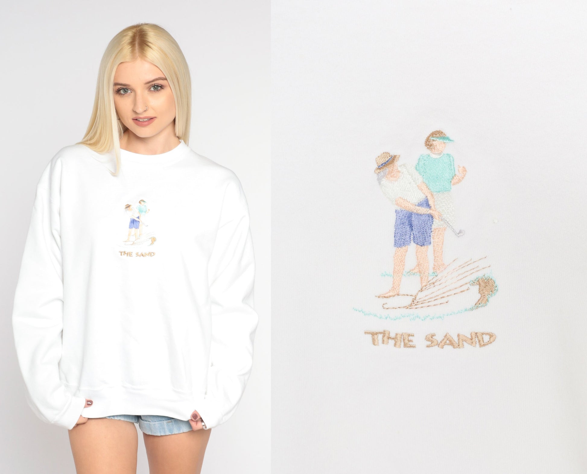 90s Embroidered Golfer Sweatshirt White The Sand Putting Print Crewneck Medium M