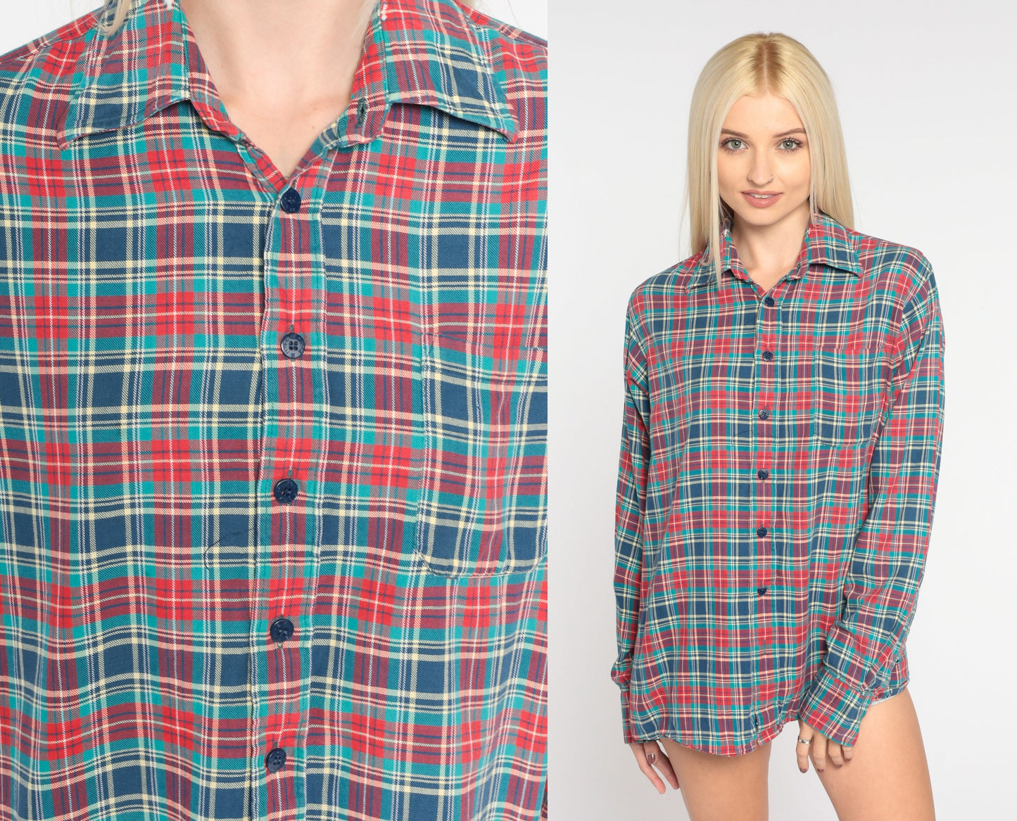 80s Blue Red Plaid Cotton Button-Up Shirt Long Sleeve Collared Small