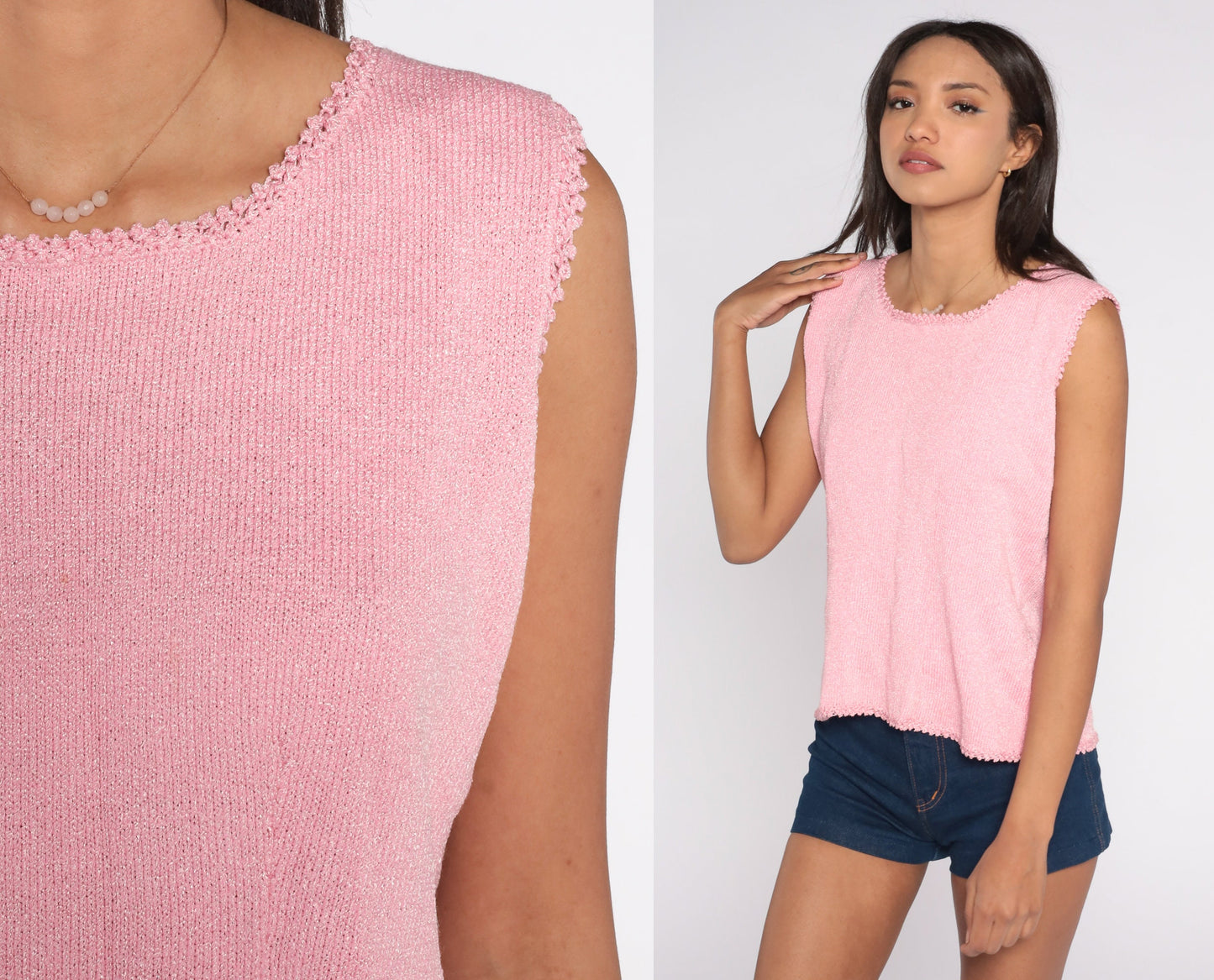 60s Pink Knit Tank Top Scalloped Trim Rear Zipper Large L