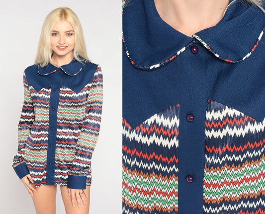 70s Navy Zig Zag Striped Button Up Blouse Peter Pan Collar Long Sleeve Small