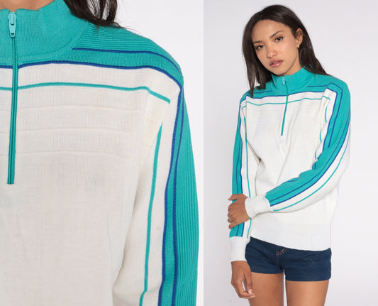 80s Meister Quarter Zip Sweater White Wool Blend Striped Knit Small S
