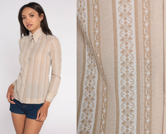 70s Striped Floral Ribbon Print Button-Up Blouse Dagger Collar Tan Small
