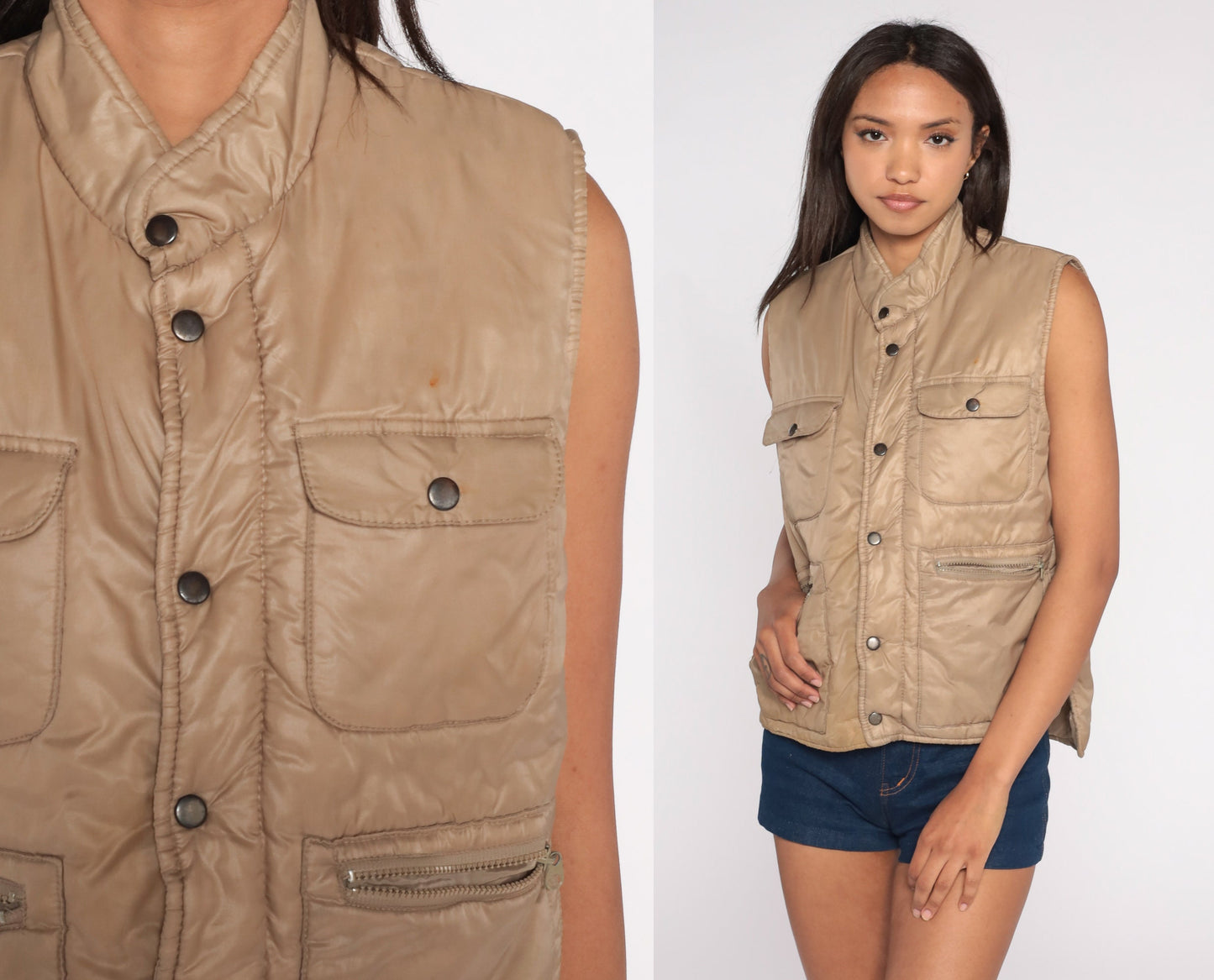 80s Tan Puffer Vest Nylon Snap-Up Sleeveless Jacket Cargo Pockets Medium
