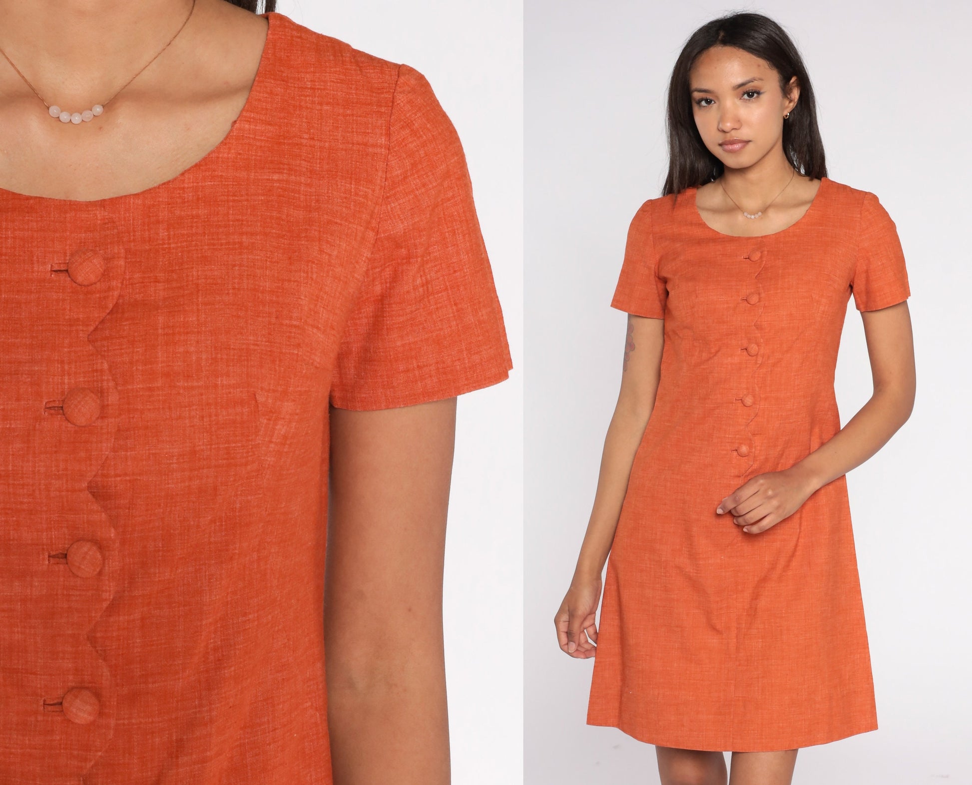60s Burnt Orange Shift Dress Mini Button-Up Short Sleeve Cotton Extra Small