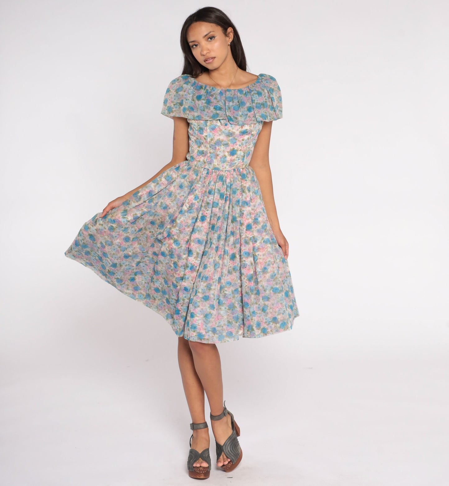 60s Floral Chiffon Midi Dress Ruffle Neckline High Waist Blue Pink Rose Small