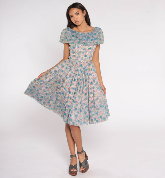 60s Floral Chiffon Midi Dress Ruffle Neckline High Waist Blue Pink Rose Small