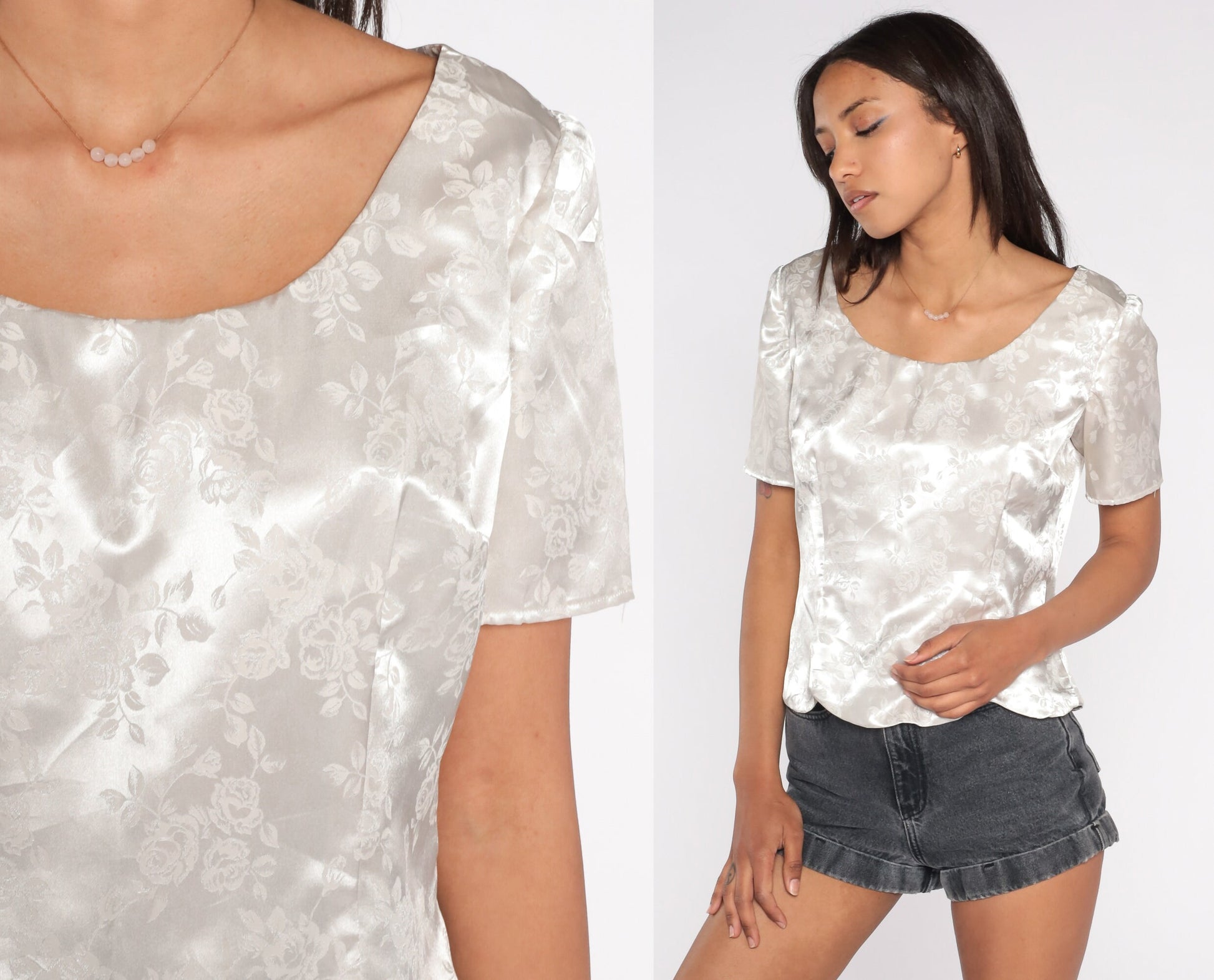 80s White Satin Blouse Floral Embossed Short Sleeve Scalloped Hem Medium