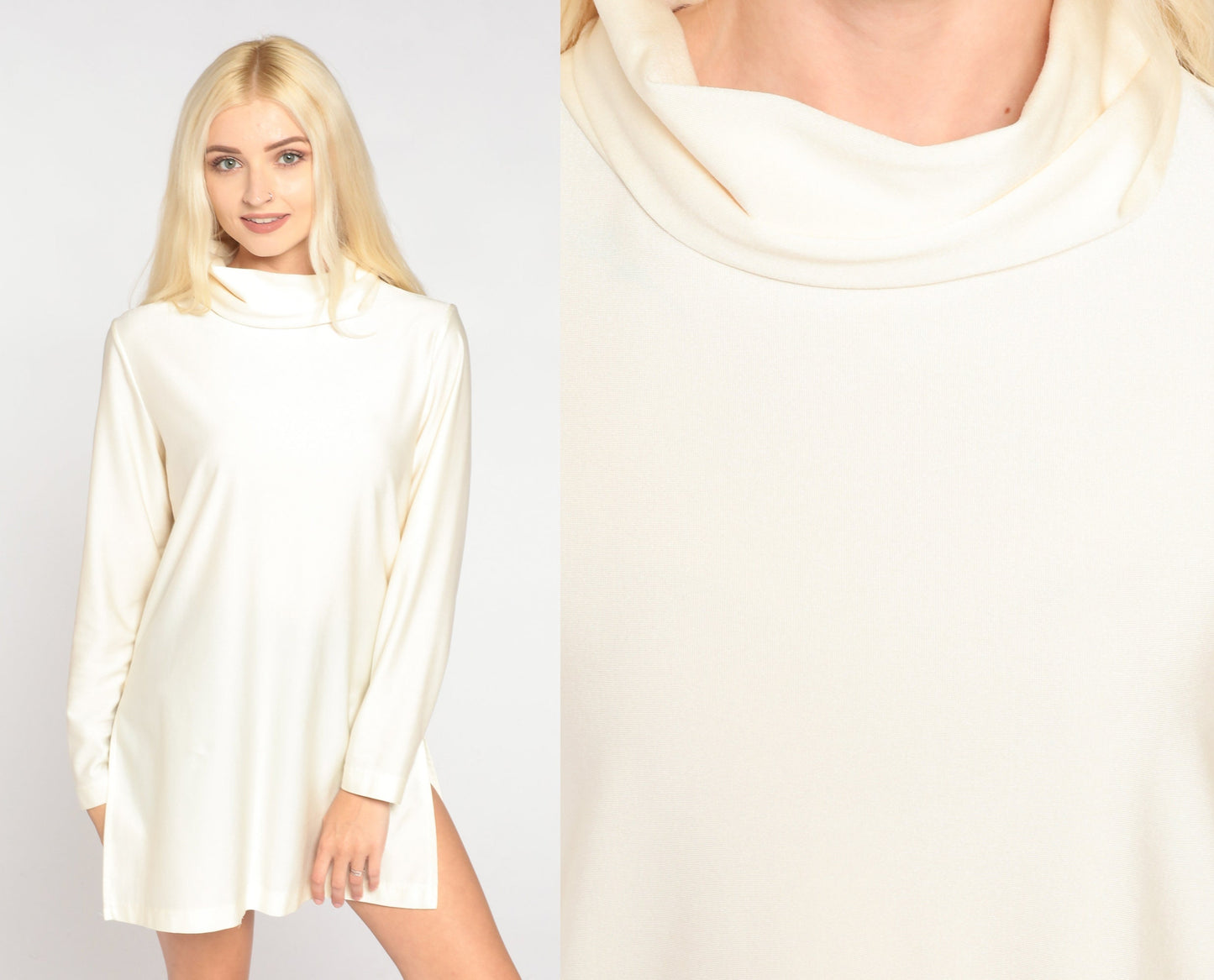 70s Off-White Turtleneck Tunic Long Sleeve Side Slit Blouse Medium M