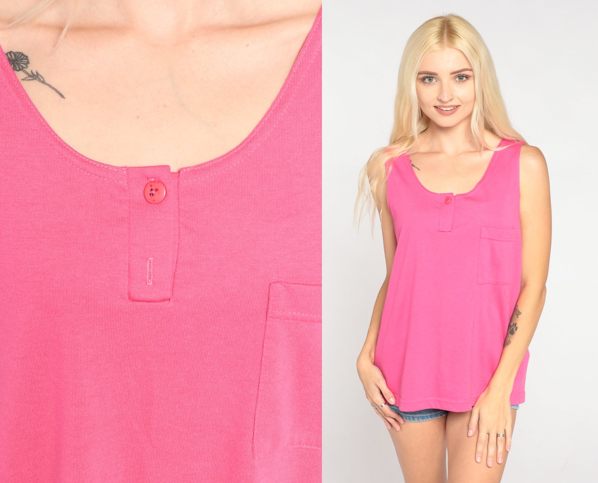 90s Pink Henley Tank Top With Chest Pocket Cotton Sleeveless Large L