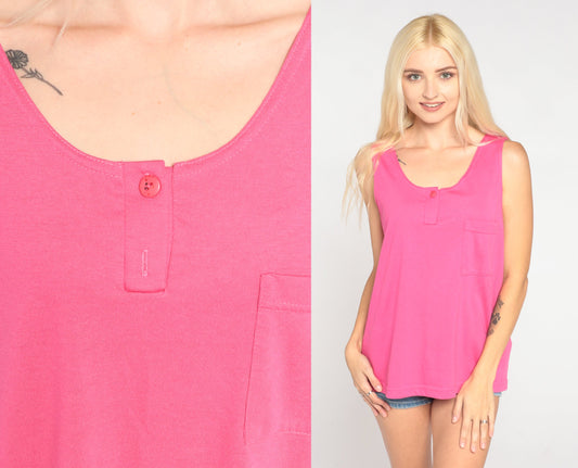 90s Pink Henley Tank Top With Chest Pocket Cotton Sleeveless Large L