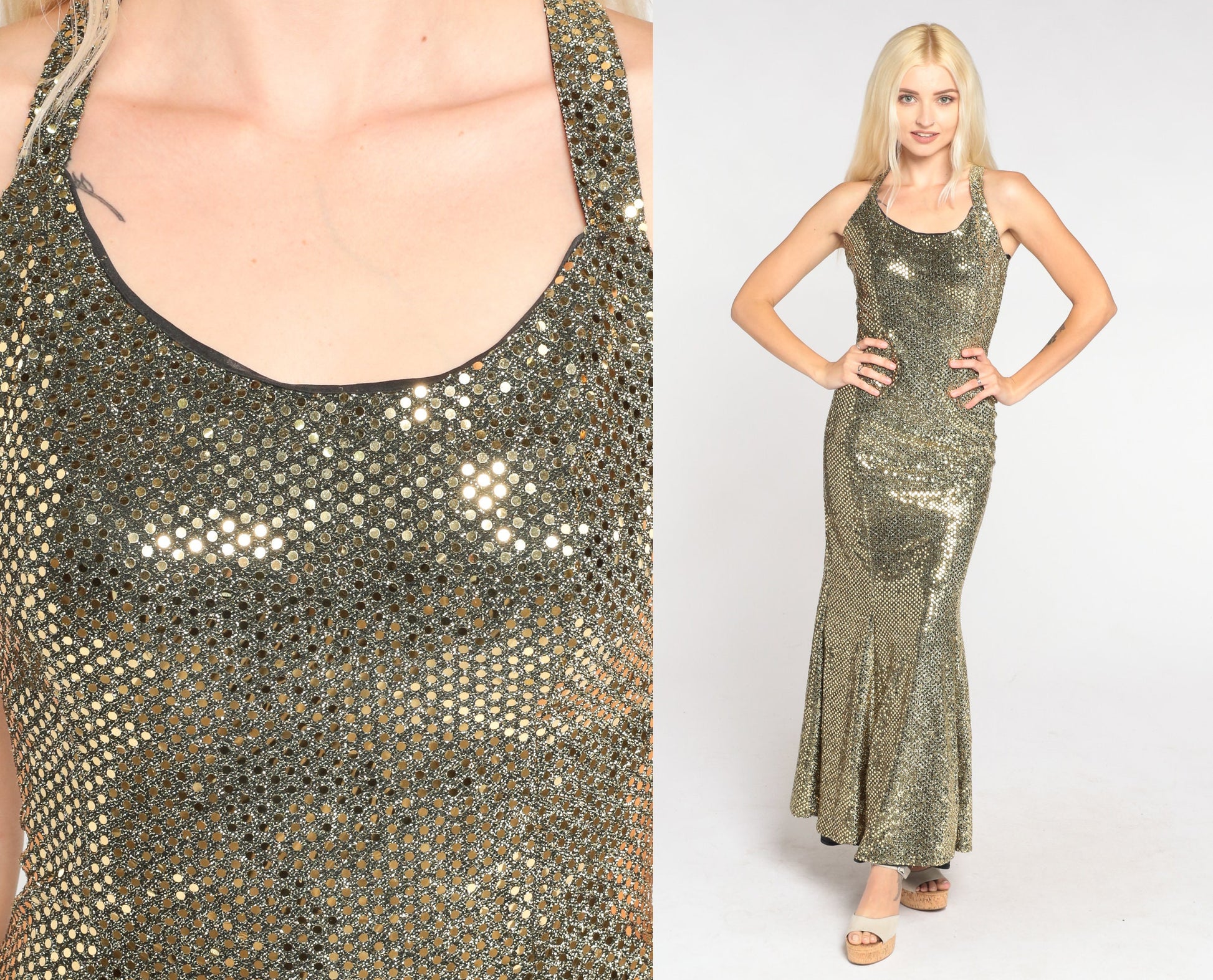 80s Gold Sequin Maxi Dress Zum Zum Fishtail Criss-Cross Back Small