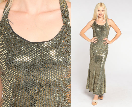 80s Gold Sequin Maxi Dress Zum Zum Fishtail Criss-Cross Back Small