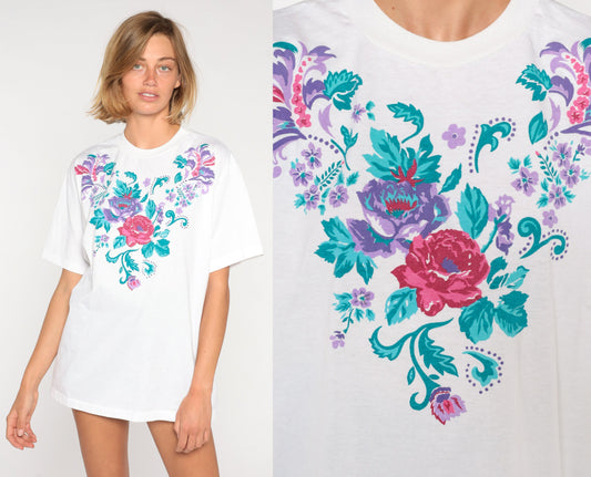 90s Floral Rose Graphic T-Shirt White Cotton Tee Extra Large XXL