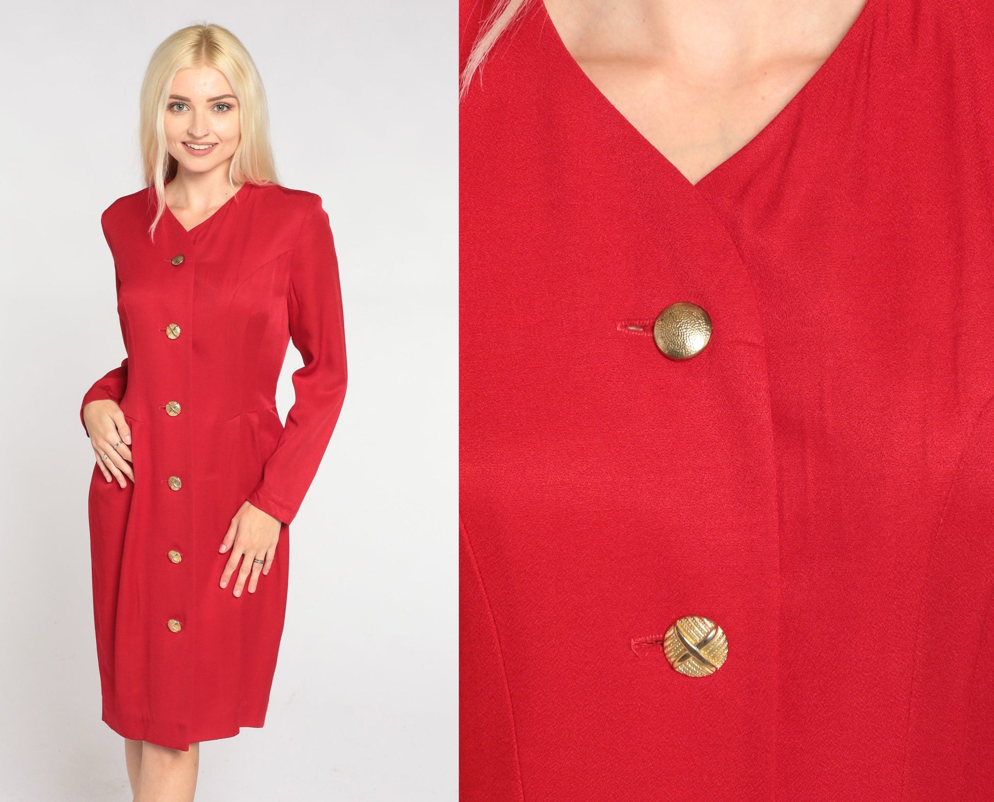 80s Red Button-Up Mini Dress Long Sleeve Pencil Cut Small S