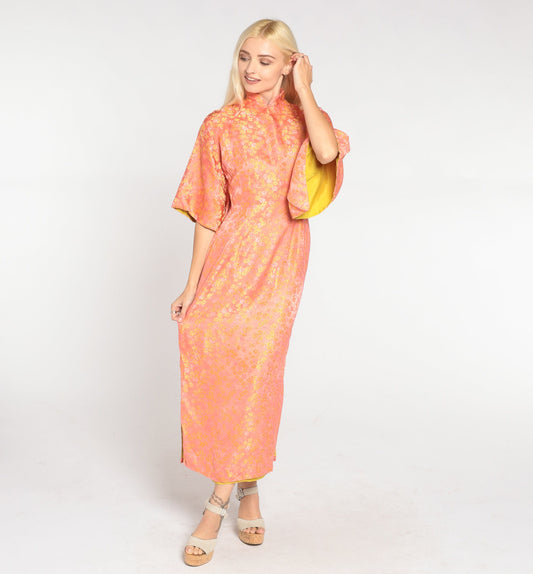60s Peach Silk Floral Midi Dress Mandarin Collar Bell Sleeve Side Slit Extra Small XS