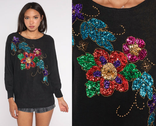 90s Black Sequin Floral Knit Sweater Dolman Sleeve Cotton Ramie Large L