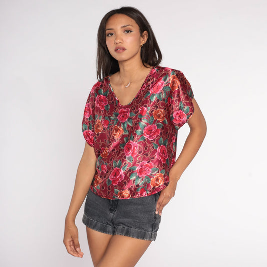 90s Red Floral Shiny Blouse Short Sleeve Scoop Neck Small