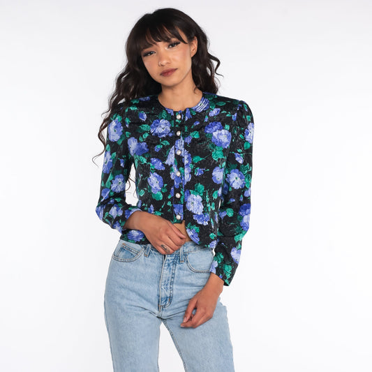 80s Floral Crop Top Puff Sleeve Button Up Blouse Black Extra Small