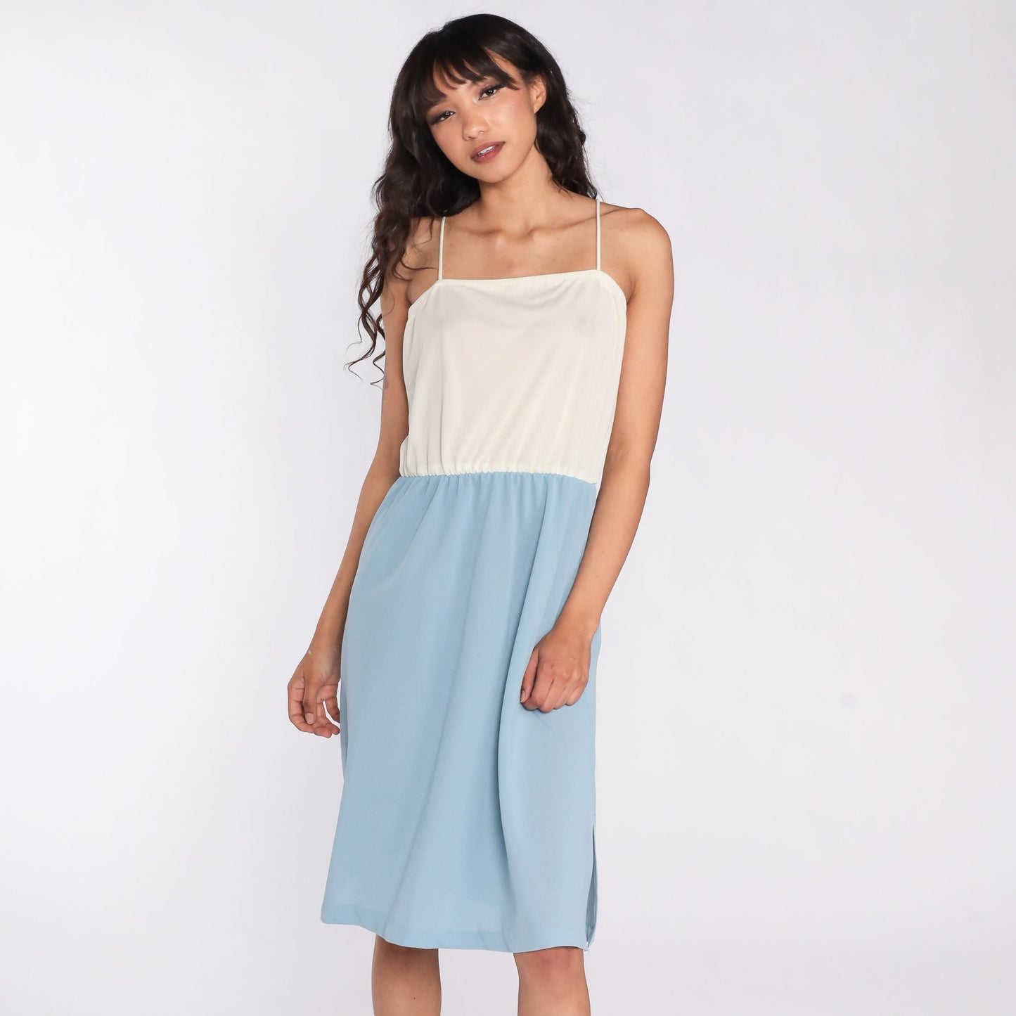 70s Cream Blue Color Block Spaghetti Strap Midi Dress High Waist Medium