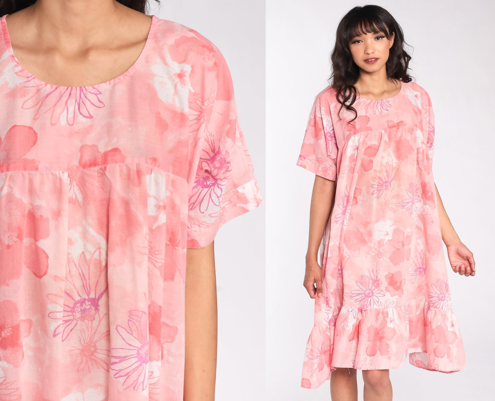 80s Floral Midi Dress Pink Tent Cut Short Sleeve Extra Large