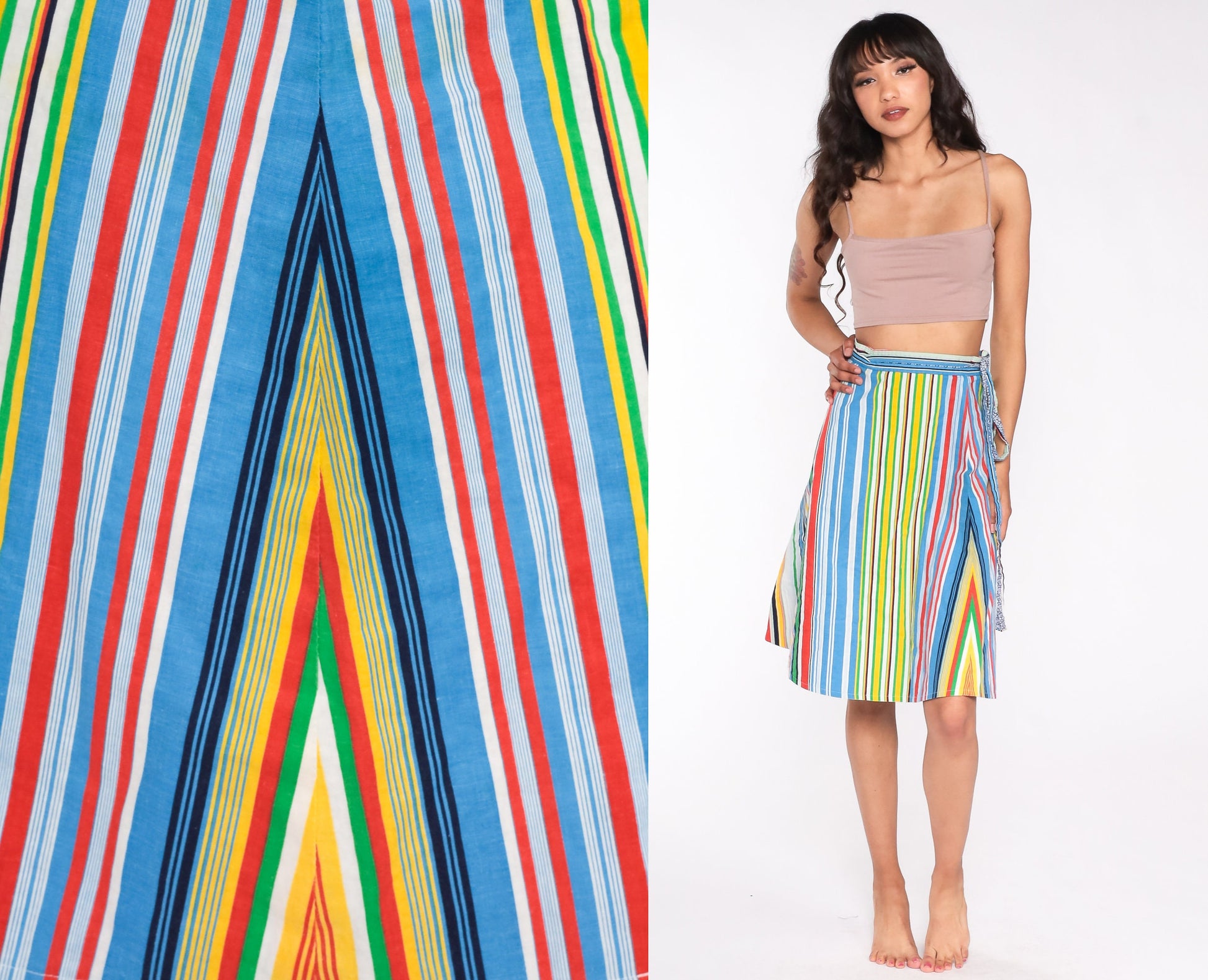 70s Reversible Wrap Skirt Rainbow Stripe Floral Blue Midi High Waist Medium