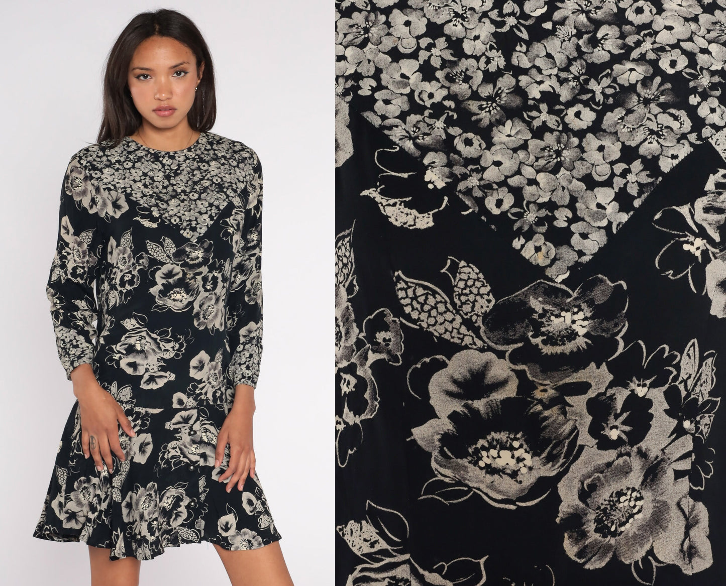 90s Black Floral Mini Dress Drop Waist Long Sleeve Ruffle Hem Small 6