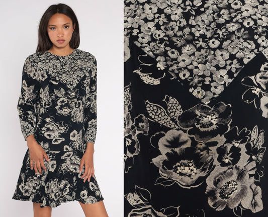 90s Black Floral Mini Dress Drop Waist Long Sleeve Ruffle Hem Small 6