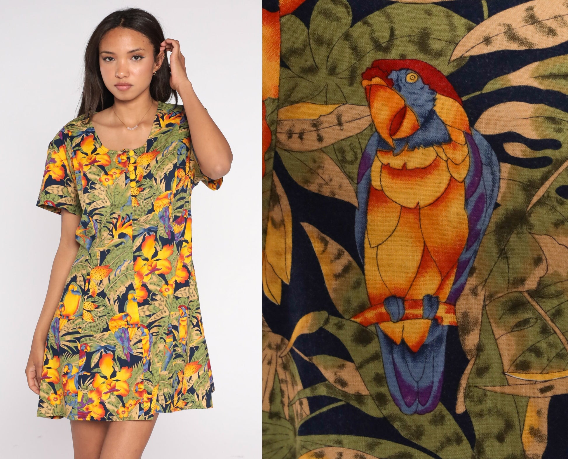 90s Tropical Bird Parrot Leaf Print Mini Dress Button-Up Short Sleeve Large L