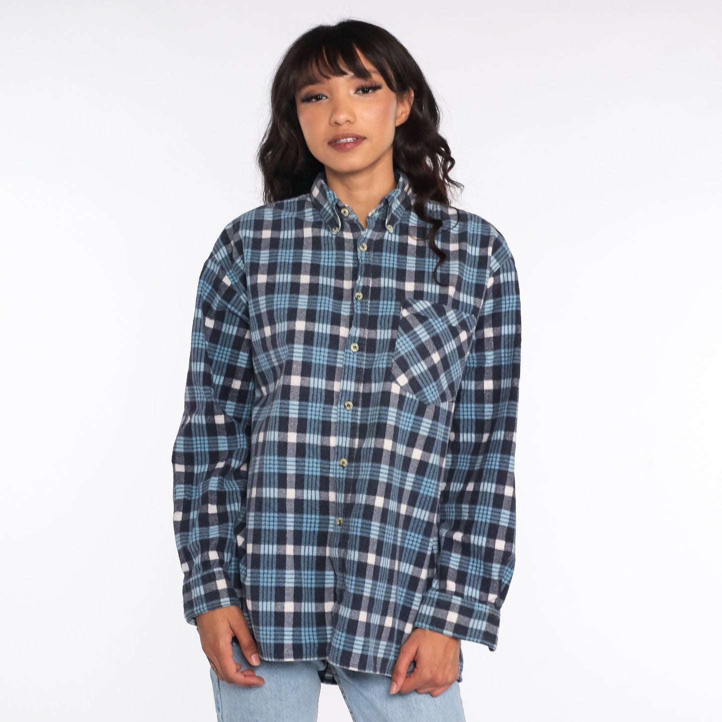 90s Blue Plaid Flannel Shirt Cotton Button-Up Long Sleeve Men's Medium