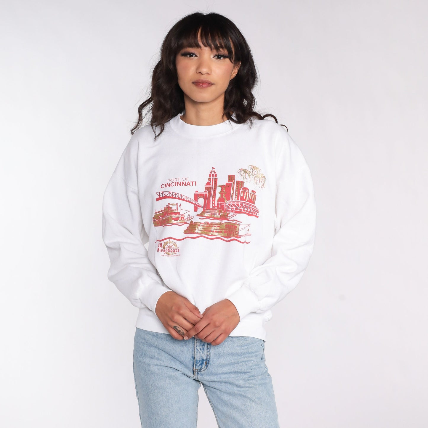 80s Port of Cincinnati BB Riverboats Graphic Sweatshirt Cityscape Large