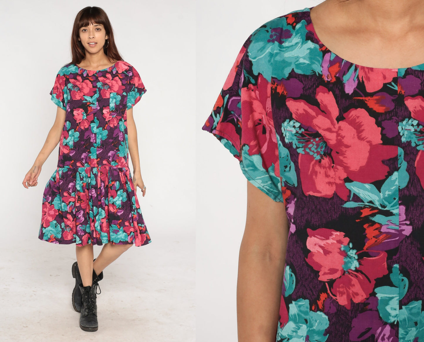 90s Floral Drop Waist Midi Dress Purple Multicolor Short Sleeve Medium