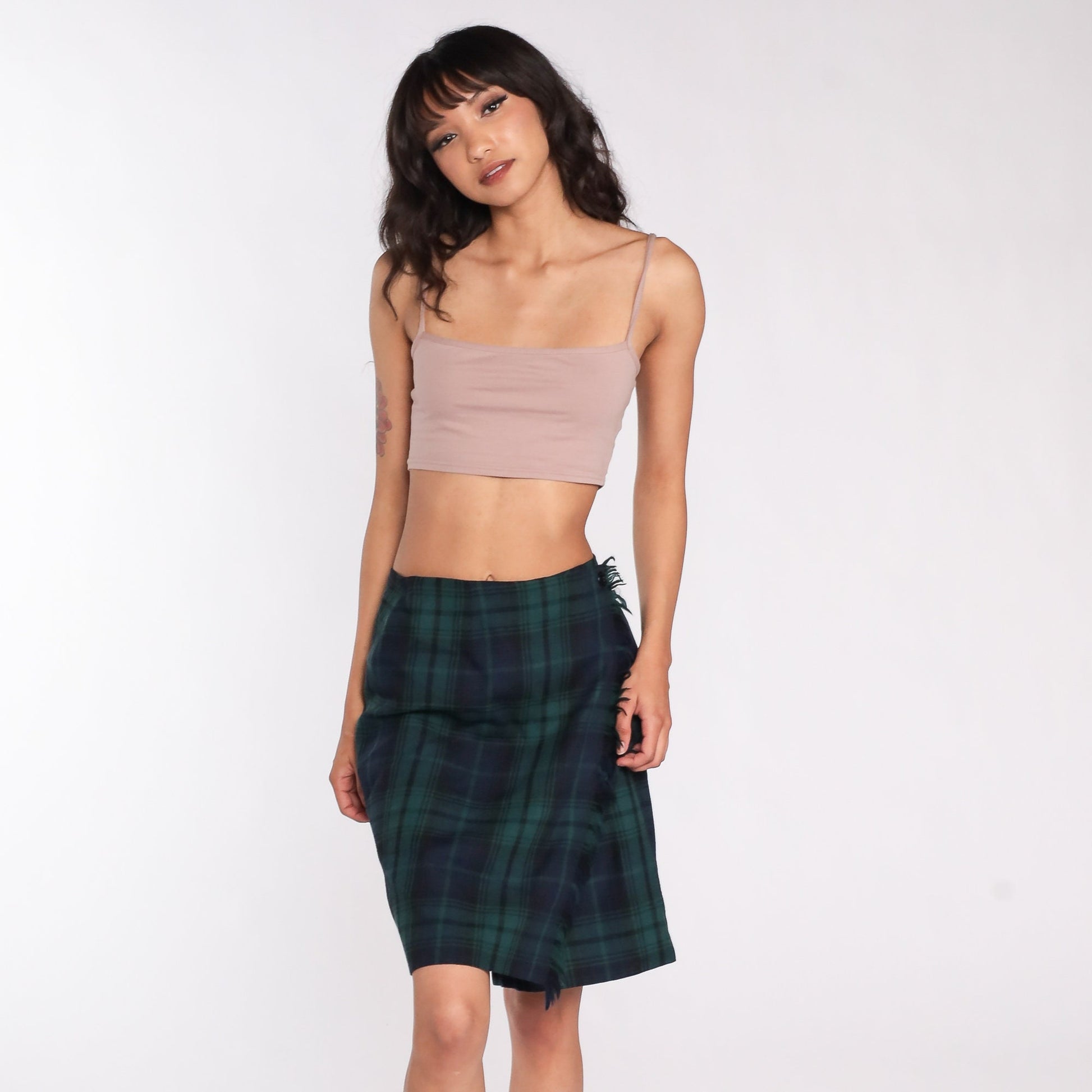90s Wool Plaid Mini Pencil Skirt Navy Green High Waist Small 6