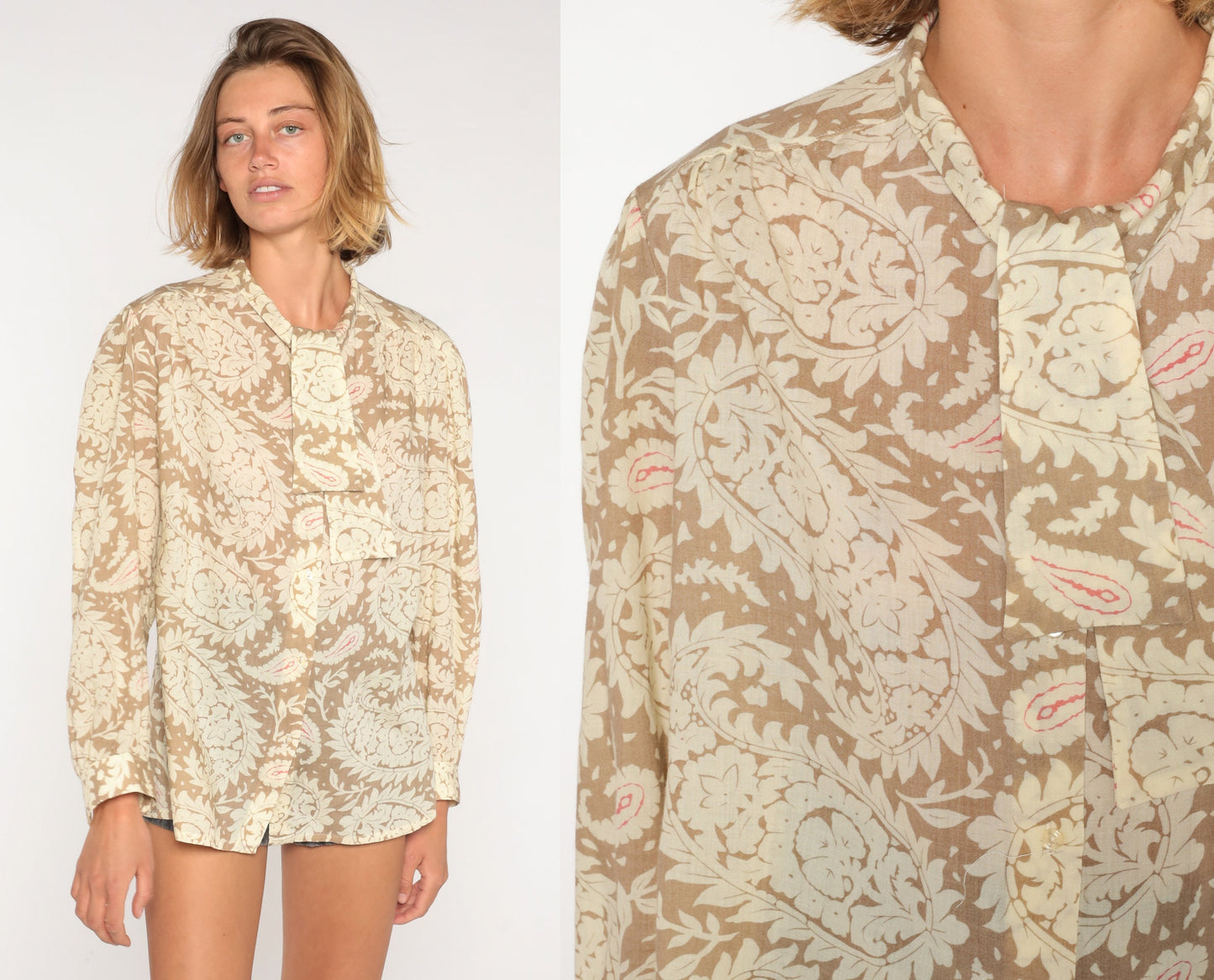 80s Paisley Necktie Blouse Tan Semi-Sheer Button-Up Long Sleeve Large L
