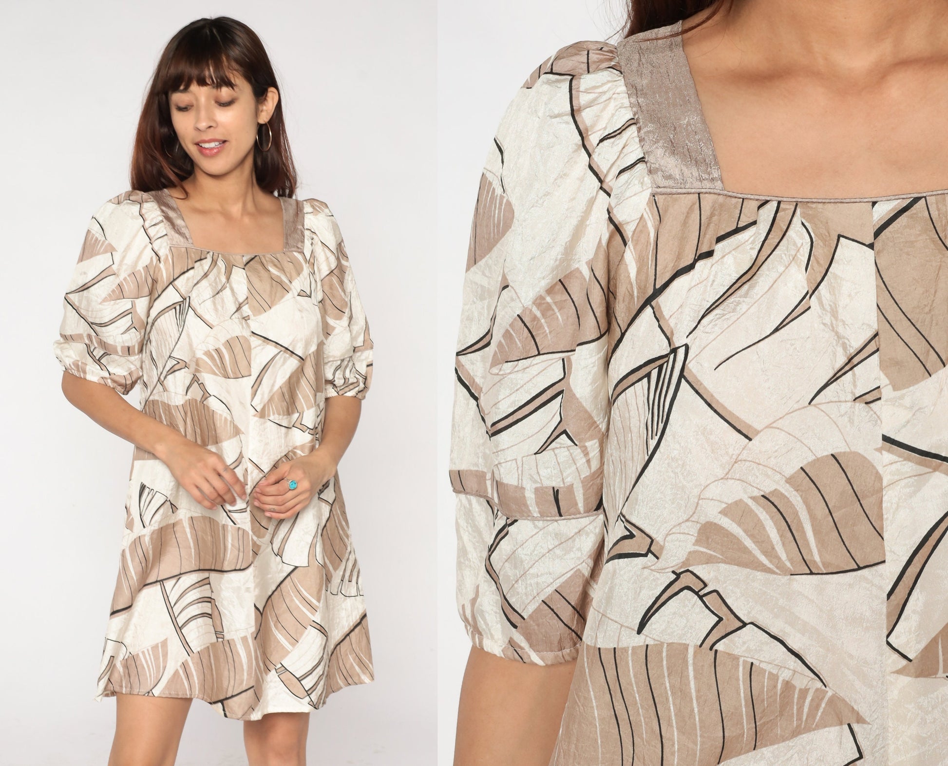 90s Tropical Leaf Print Mini Dress Puff Sleeve Shift Brown Cream Small