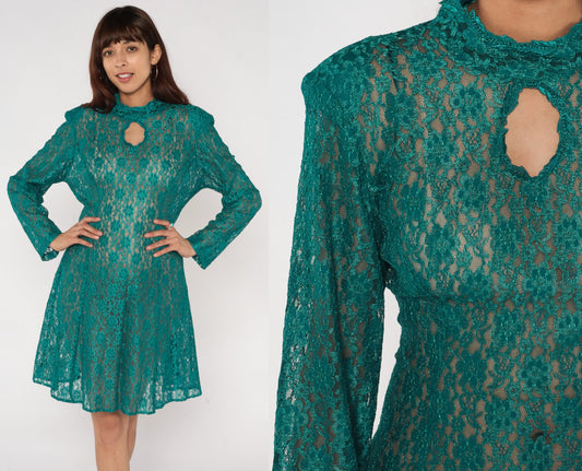 90s Green Lace Mini Dress Keyhole Neckline Long Sleeve Medium