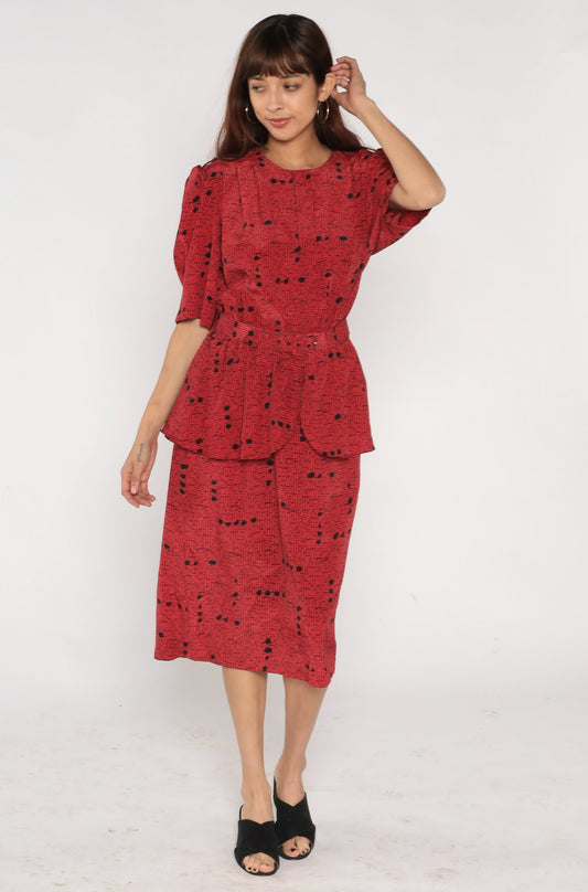 80s Red Speckled Dot Print Peplum Dress Puff Sleeve High Waist Midi Large