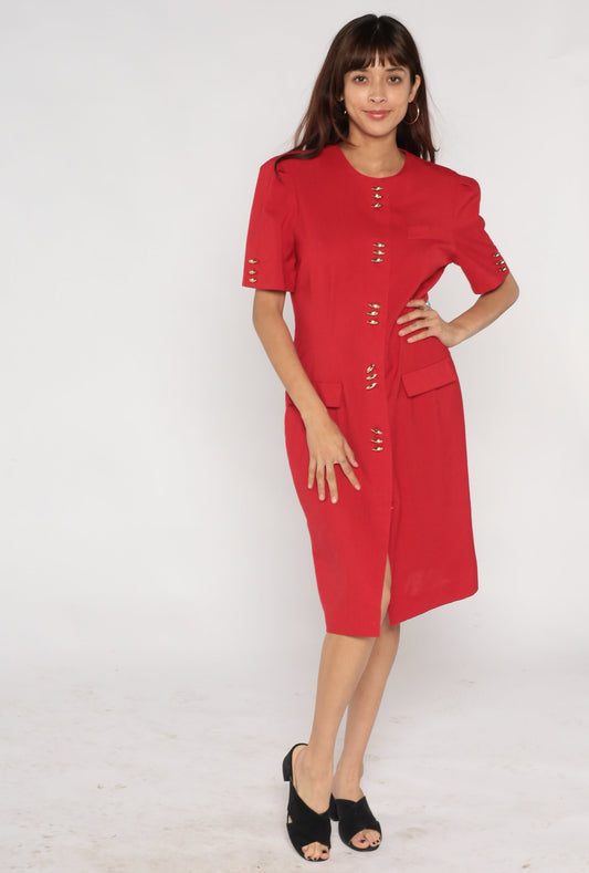80s Leslie Fay Red Midi Sheath Dress Gold Buttons Puff Sleeve Medium