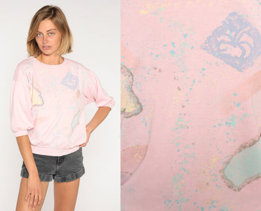 80s Pink Painted Floral Sweatshirt Abstract Paint Splatter Crewneck Medium