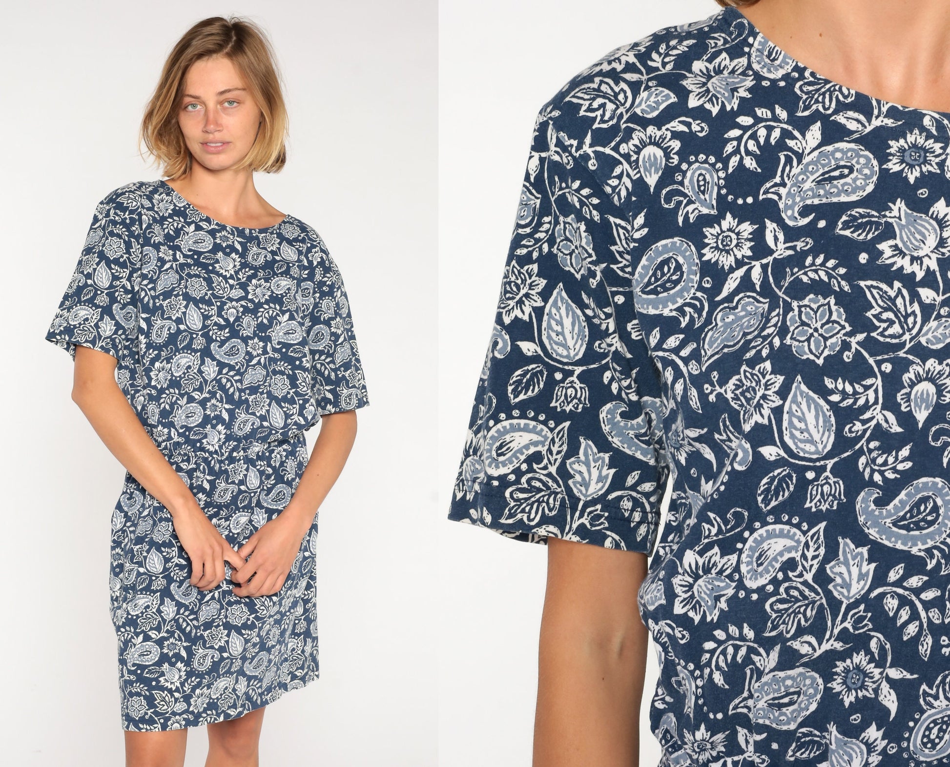 00s Blue Paisley Floral Mini Dress High Waist Cotton Short Sleeve Medium M