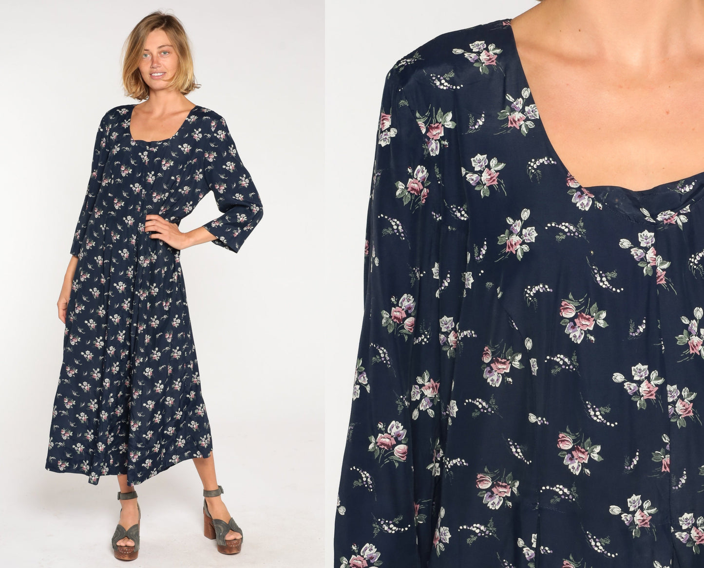 90s Navy Floral Wide Leg Jumpsuit Long Sleeve Rear Zipper Plus Size XXL