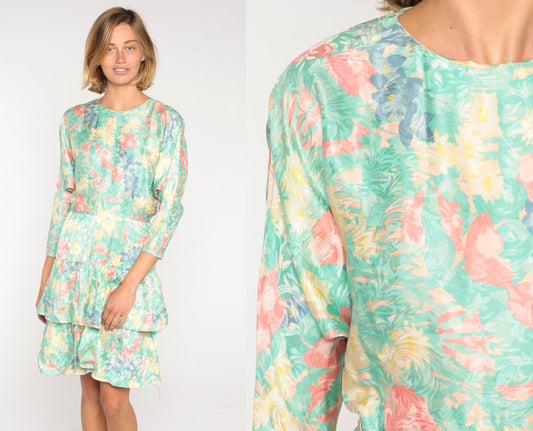 80s Silk Floral Mini Dress Green Print High Waist Tiered Long Sleeve Small 6