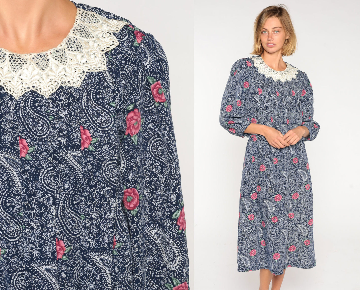 80s Navy Floral Paisley Midi Dress Lace Collar Puff Sleeve High Waist Medium