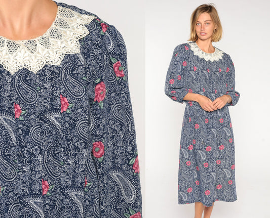 80s Navy Floral Paisley Midi Dress Lace Collar Puff Sleeve High Waist Medium